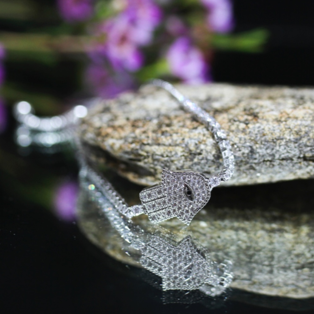 18KT Gold Dipped CZ Pave Hamsa Evil Eye Bracelet - Picture 2 of 8
